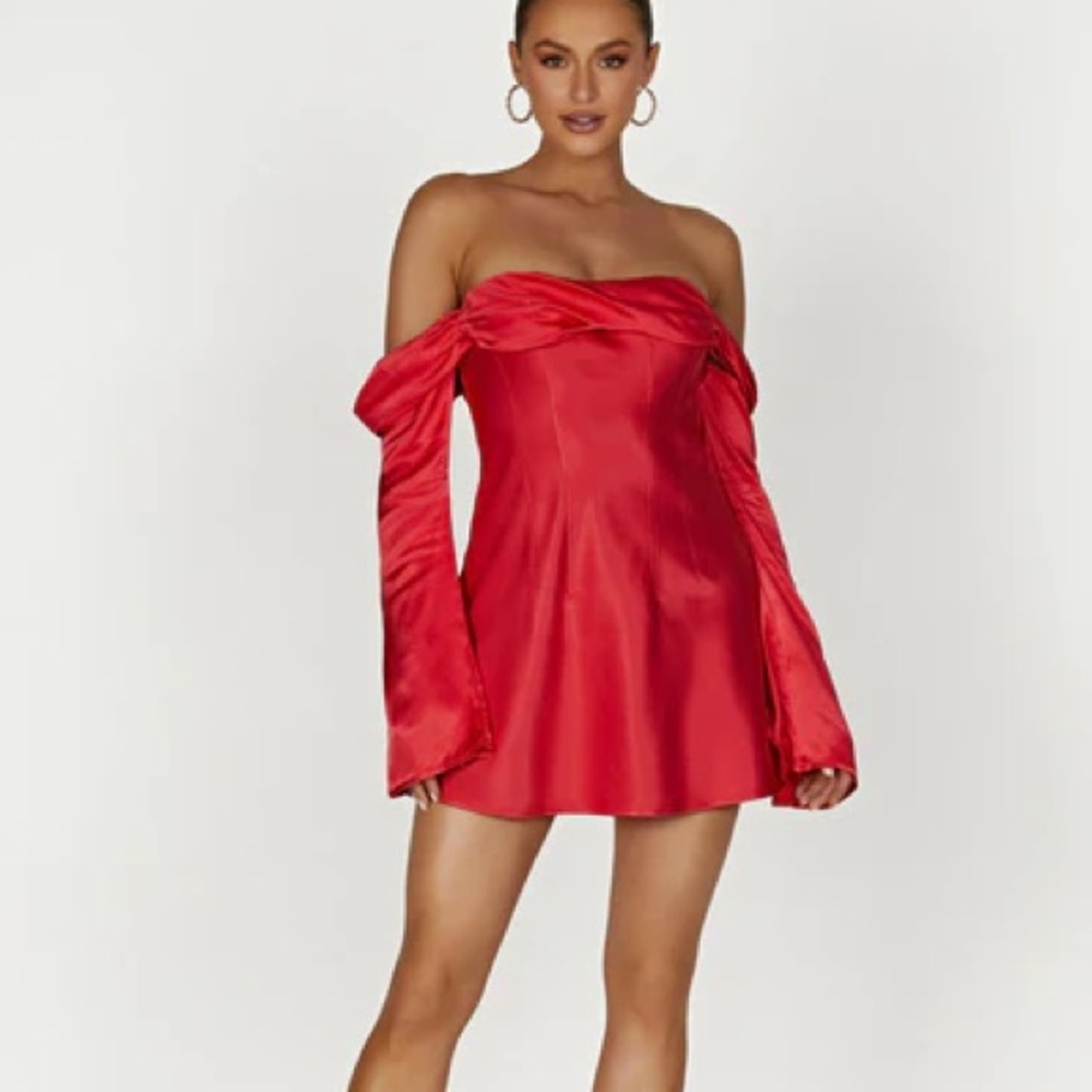Meshki Red Off-Shoulder Bell Sleeve Babydoll Dress